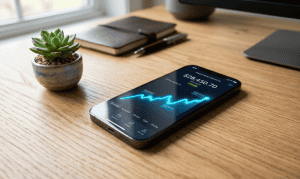 Mobiele telefoon met de bunq spaarrekening applicatie op een modern bureau